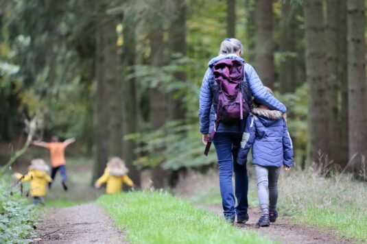 ouder met kinderen wandelend in een bos
